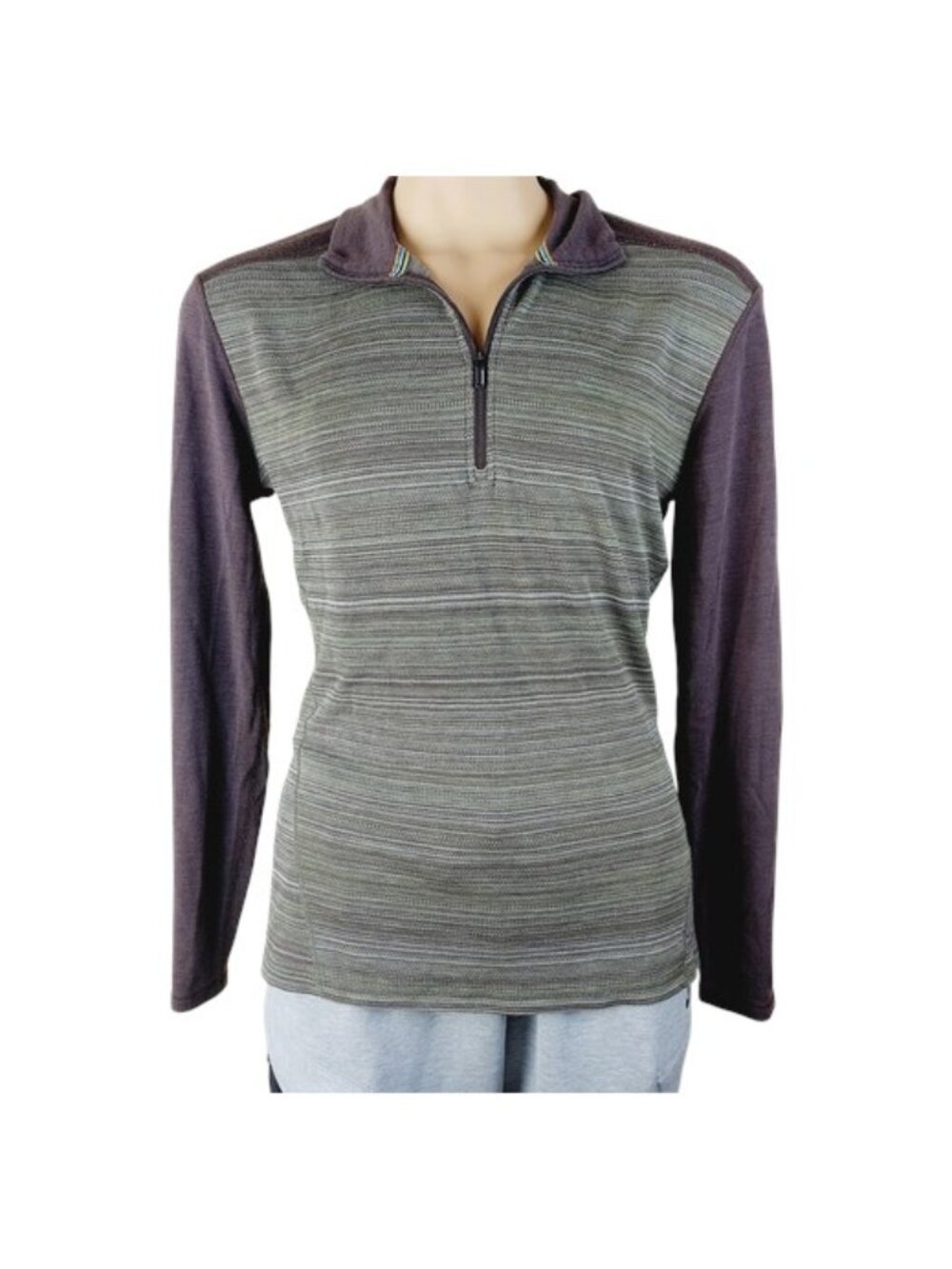 Smartwool Men's Burgundy Gray Striped 1/4 Zip Merino Sweater Size XL